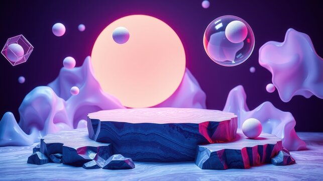 Abstract stage setup. Vibrant colors, smooth shapes, glowing orbs create futuristic display. Dramatic lighting enhances visual impact.