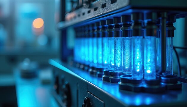 Automated peptide synthesizer with glowing blue vials. Detailed tubes and columns in lab. Modern science equipment for drug development and research.