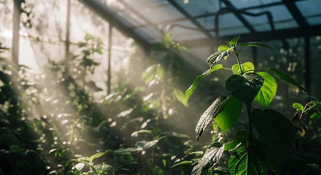 Cissus quadrangularis growing in a sunlit greenhouse with soft light rays illuminating green leaves in a lush botanical garden environment