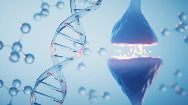 Molecular model of DNA helix with neuron and synapse activity displaying nerve impulse transmission dynamic footage.