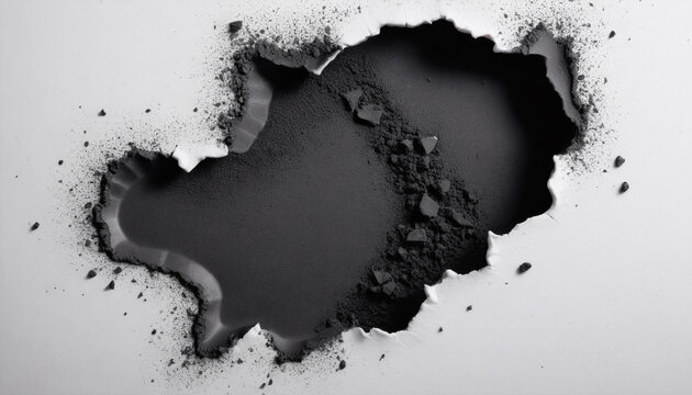 Abstract background with a torn hole in white paper revealing dark charcoal rock