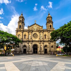 Obraz premium A large beige church with two towers and a circular window