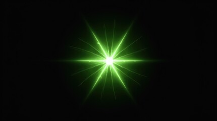 Fototapeta premium Bright green star light burst effect with glowing rays shining against a solid dark black background