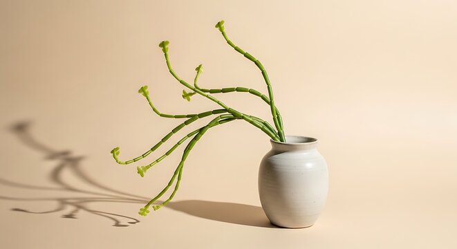 A ceramic vase holding a cissus quadrangularis plant with long green stems creating artistic shadows against a soft minimalist beige background studio shot