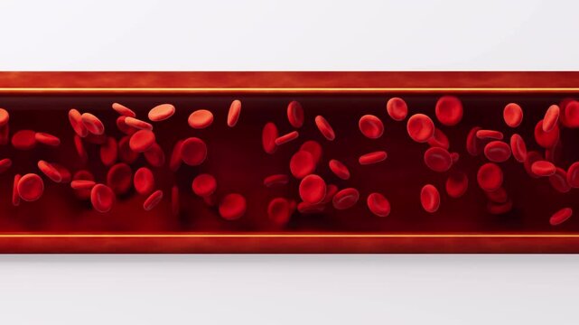 Red blood cells flowing through blood vessel, microscopic view, abstract medical concept showing human circulatory system, seamless loop animation.