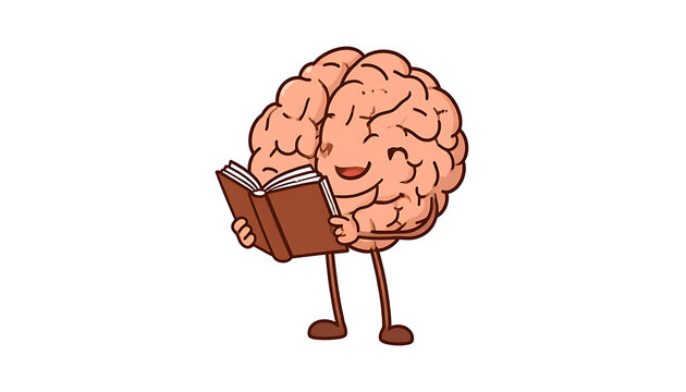 Cartoon brain character reading a book with a happy expression, isolated on white