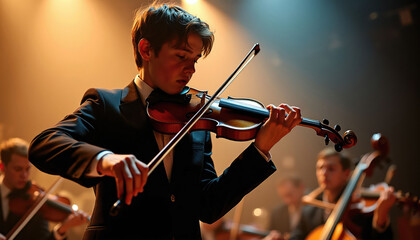 Fototapeta premium Young boy in tuxedo plays violin with focus. Orchestra in background performs classical music. Stage lights illuminate violinist playing with bow motion. Dynamic concert energy.