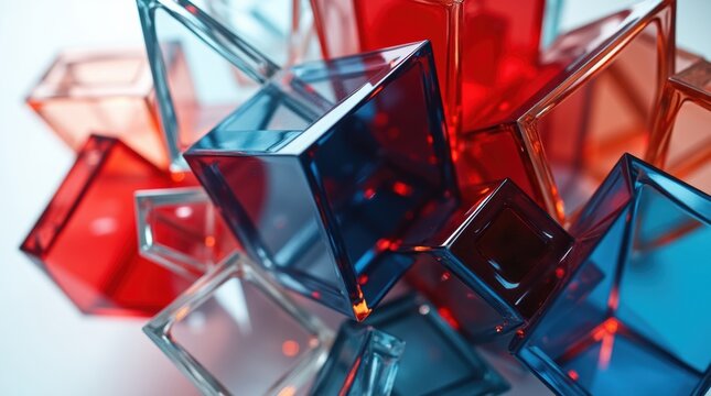 Abstract colorful glass pyramid prisms reflecting light and creating bright geometric shapes and patterns