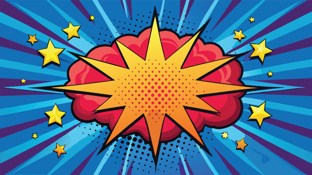 Retro comic pop-art explosion vibrant starburst with dotted halftone background, bold outlines and playful cloud burst