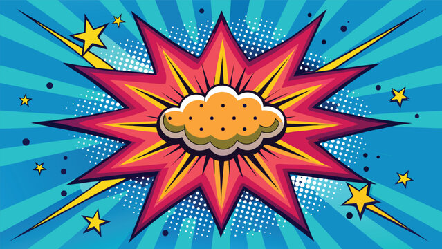 Retro comic pop-art explosion vibrant starburst with dotted halftone background, bold outlines and playful cloud burst