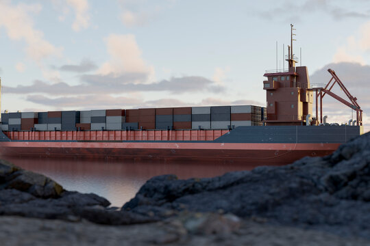 3D coastal cargo ship beside rocky harbor landscape