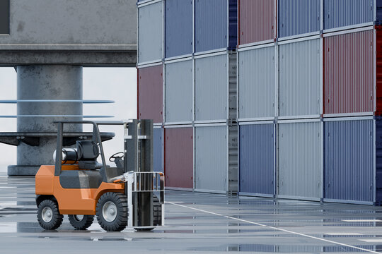 3D forklift container yard with wet industrial dock