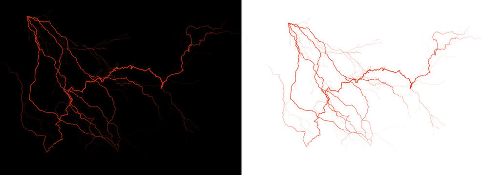 Electricity lightning red lines on black and white backgrounds for graphic design elements transparent background