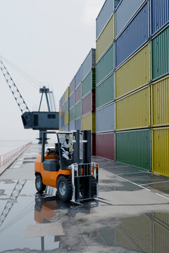 3D robot forklift dock beside stacked cargo container