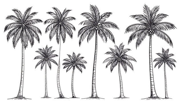 Collection of assorted palm trees in a simple black and white illustration, conveying tropical and vacation themes