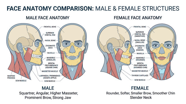 Male and Female Face Anatomy Comparison Chart with Skull and Muscles
