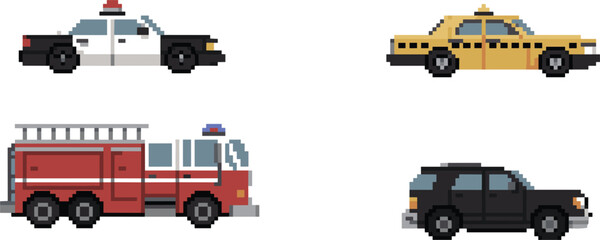 Pixel Art Emergency and Service Vehicles Collection Featuring Police, Taxi, Fire Truck, and SUV © Mominul
