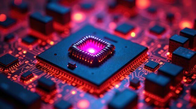 Close up of a glowing computer processor chip on a motherboard with red and blue circuit board lights
