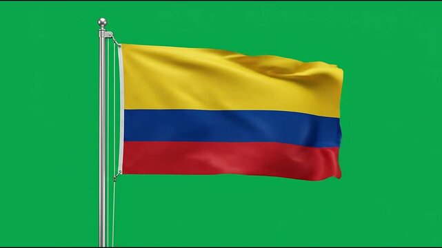 Colombia flag waving in the wind against a solid green screen background for professional chroma key compositing video animation project