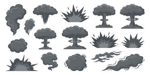 Set of grey smoke clouds and explosion icons for game design elements and comic book action graphic effects © GraphixEra