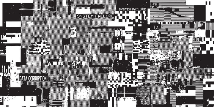 Abstract digital glitch art with data corruption patterns and black and white noise on a computer screen display