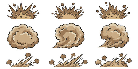 Set of cartoon explosion and smoke cloud icons for comic book style action effects on a bright simple design © GraphixEra