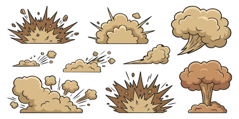 Set of cartoon explosion elements with smoke clouds and debris for comic book action scenes and game design © GraphixEra