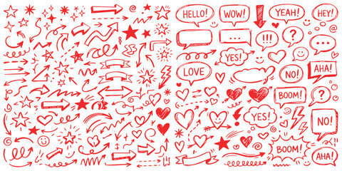 Set of hand drawn red arrows stars hearts and comic speech bubbles for design elements on a page © GraphixEra