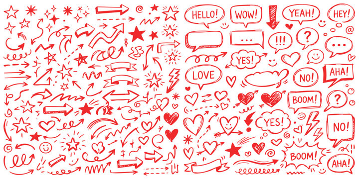 Set of hand drawn red arrows stars hearts and comic speech bubbles for design elements on a page