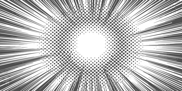 Black and white manga style speed lines background with a circular halftone dot pattern for comic books