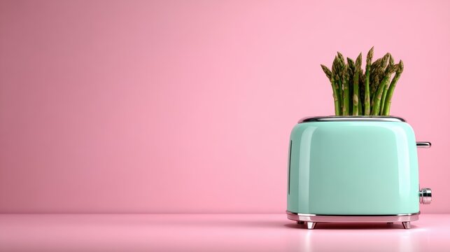 A quirky scene featuring a mint green toaster with fresh asparagus sprouting from the top, blending culinary elements in a humorous and artistic manner against a pink backdrop.