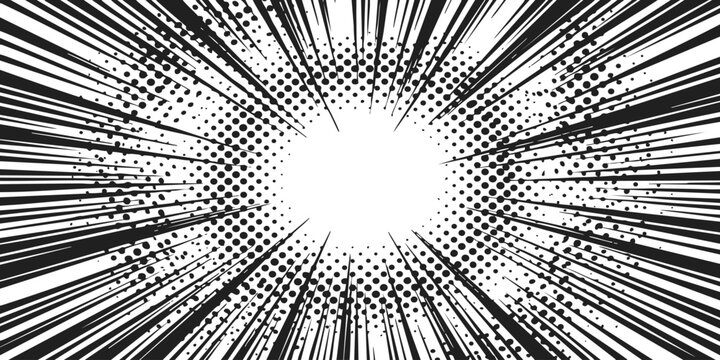 Comic book speed lines and halftone dots explosion effect for manga action and intense graphic background