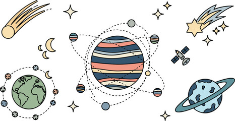 Cute Boho Outer Space Vector Illustration Set with Planets Satellite Orbit Stars and Comet Elements © Md shain