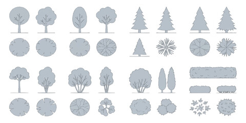 Obraz premium Set of grey flat tree icons showing side and top views of various forest plants and garden shrub elements