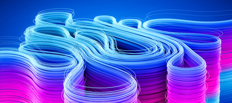3D neon fiber circuit with luminous blue magenta flow