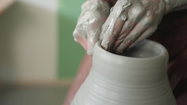 Closeup hands hollowing interior of vase in pottery workshop, ceramic artist uses fingers to compress and shape inner wall, wet clay slipping under gentle pressure, concentrated studio focus