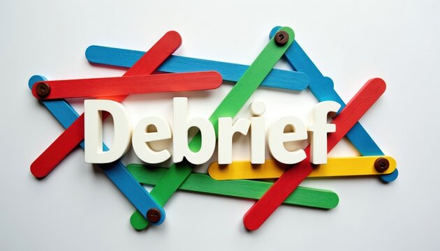 Colorful wooden sticks and buttons form the word Debrief, suggesting review, analysis, and strategic planning. This visual aid aids in project evaluation and feedback sessions.