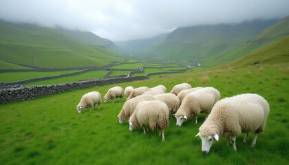 Fototapeta premium Fluffy white sheep graze on a vibrant green grass field. Stone walls define the rolling hills leading to a distant village under a soft cloudy sky. Peaceful rural landscape evokes quiet farm life.
