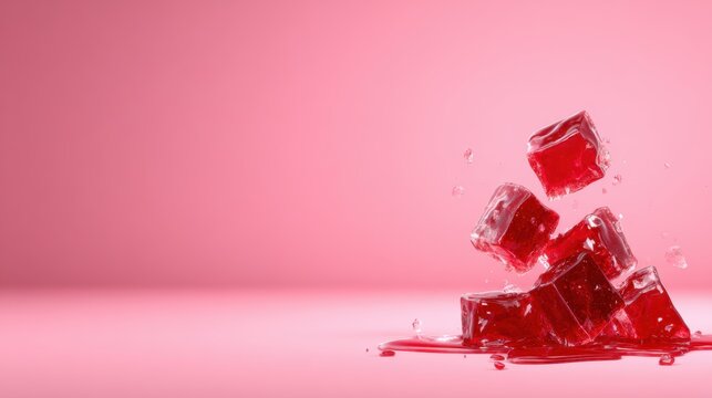 A playful arrangement of vibrant red jelly cubes stacked on a light pink surface, capturing the fun essence of desserts and evoking nostalgia of childhood treats and joyful moments.