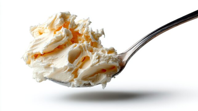 A spoonful of creamy butter creating a luxurious texture on a bright background, representing indulgence and comfort in culinary preparations.