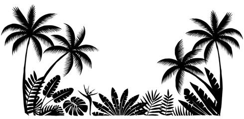 Tropical palm trees stand tall in silhouette. Foliage fills the space with dense, leafy details. Shadowed fronds create a lush, natural border. Ideal for vacation, travel, or tropical themes © Creative_Juice_Art