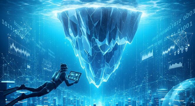 Scuba Diver Explores Digital Iceberg with Data Streams Underwater