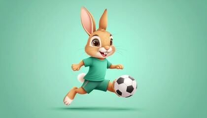 Fototapeta premium A cute cartoon rabbit animal, wearing a playful casual t-shirt, actively dribbling a soccer ball with dynamic energy on a cheerful background