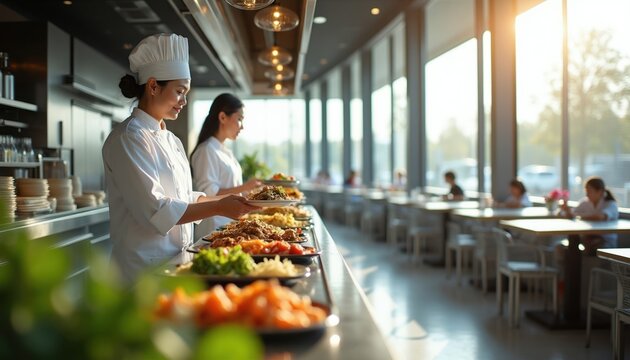 Two chefs serve food from a buffet counter in a bright cafeteria with large windows. People eat at tables in the background. Sunlight streams into the modern dining area.