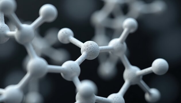 Close up of a 3D molecular structure. This abstract model shows interconnected atoms in a scientific or chemical context, resembling a network.