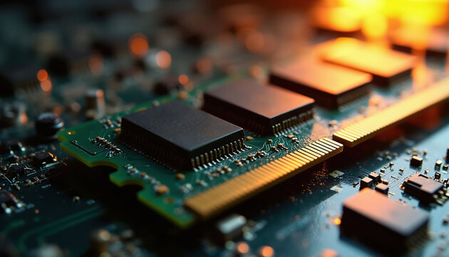 Computer memory module on green circuit board. Closeup macro shot of RAM sticks with gold contacts. Electronic components and blurred lights in background.