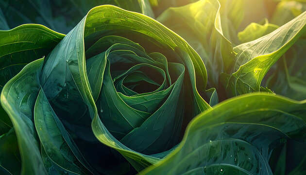 Close-up of fresh green cabbage leaves with water droplets, bathed in golden morning sunlight, natural growth and healthy produce