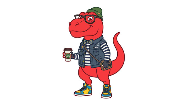 Hipster Dinosaur Holding Coffee Cup - Cartoon T-Rex Character