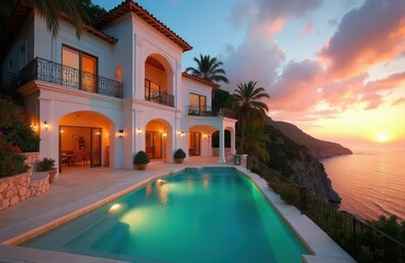 Fototapeta premium Luxury villa with pool rests on cliff edge overlooking ocean. Tropical palms sway under sunset sky. Architecture features arches balconies, inviting vacationers to experience serene coastal living.