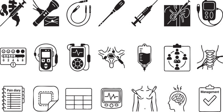 Medical pain management and treatment icons set. procedure injection syringe, spinal cord stimulator leads, nerve block, infusion pump, pain diary